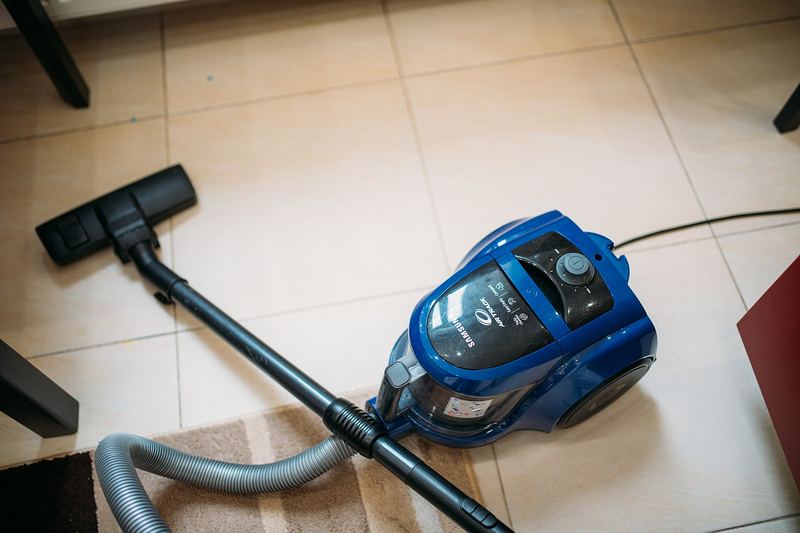 A blue vacuum cleaner is positioned on a tiled floor, ready for cleaning. Nearby, a rug and furniture indicate a cozy living room scene illuminated by natural l